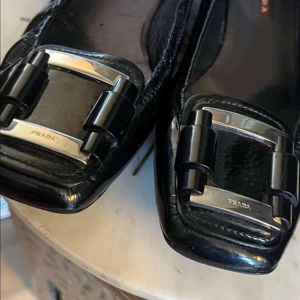 Prada Black, size 7.5 US, 38 EU, Patent Buckle Flats w/ Prada on buckle & COA - Picture 2 of 15